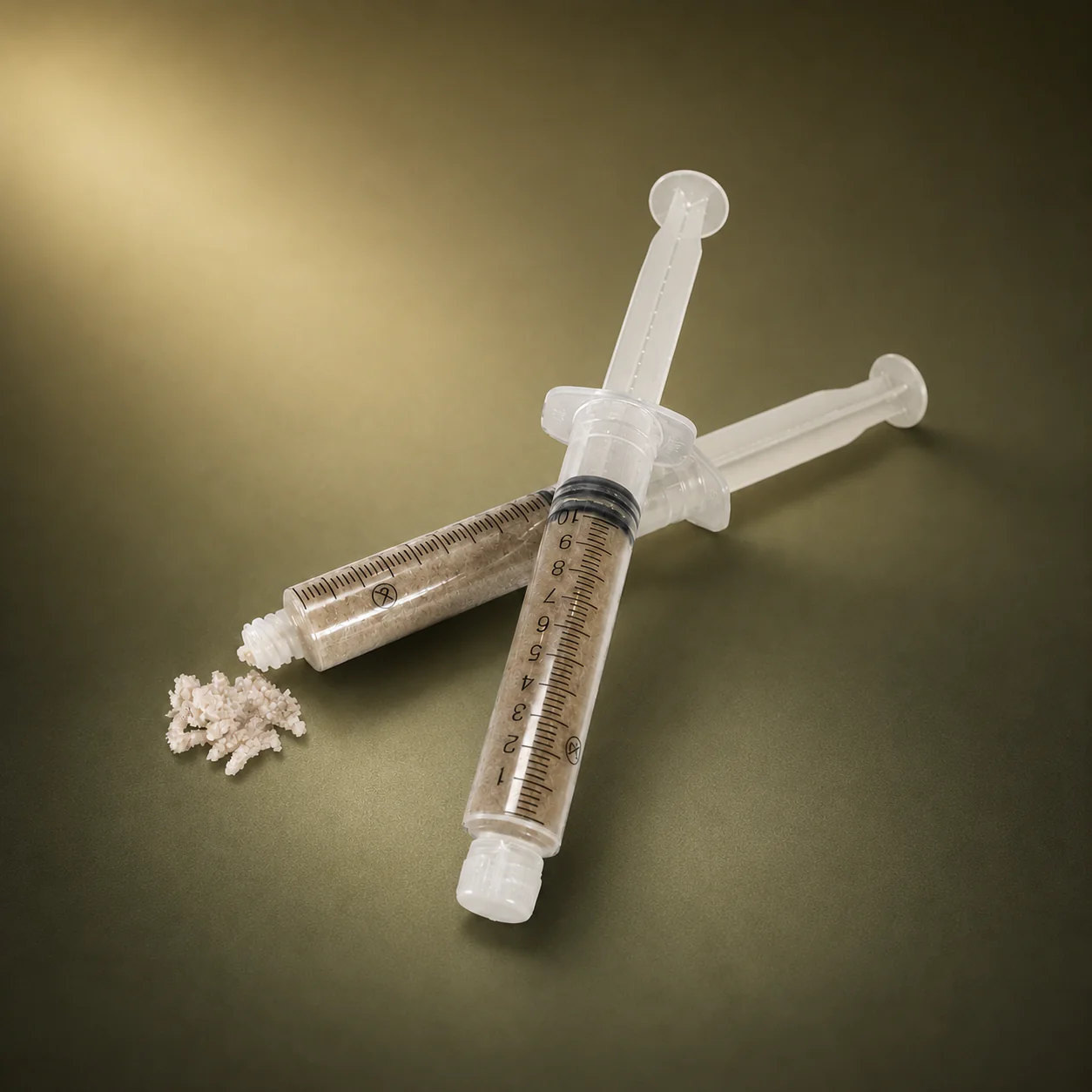 EvoGraft DBM putty supplied in syringes with a prepared graft sample