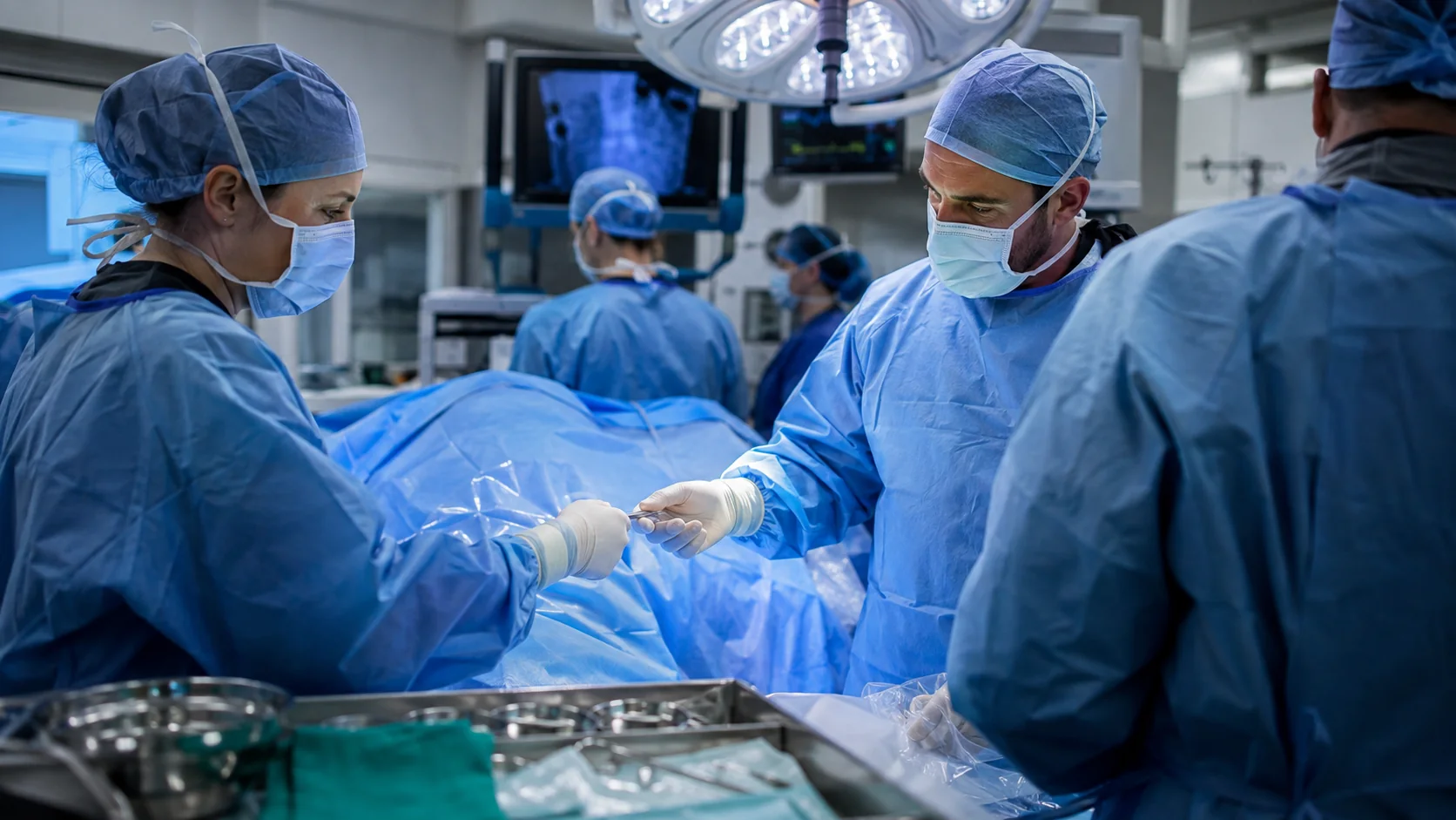 Sports medicine surgical team performing a procedure in an operating room
