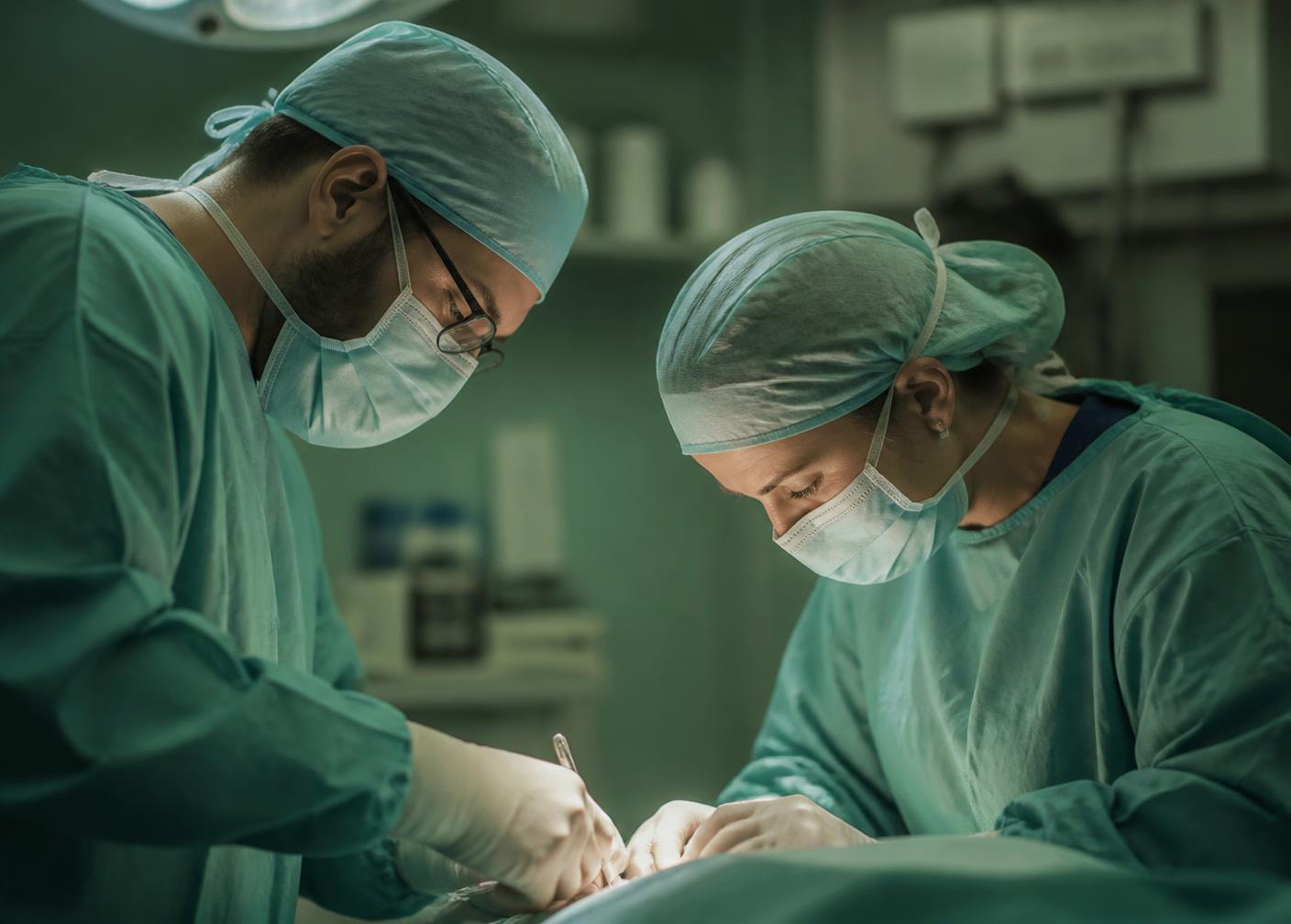 Two surgeons focused during a procedure in an operating room
